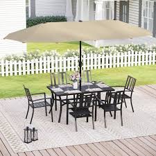 Phi Villa Black 8 Piece Metal Outdoor Patio Dining Set With Umbrella And Modern Stackable Chairs