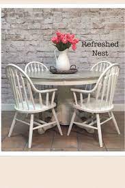 A round, wood table by pierre is a great option for a small dining room area. Farmhouse Gray And White Table And 4 Chairs 48 Round 46x60 Leaf Set 525 White Farmhouse Table Farmhouse Table White Kitchen Table