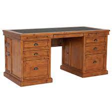 This pedestal desk features a 'floating desktop' accentuated by a silver powder coated frame while two box drawers offer a convenient place to store important documents that you need to keep within reach while working. Villiers Reclaimed Wood Double Pedestal Desk Desks Home Office