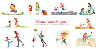 一起购物跑步栽花做瑜伽做饭溜冰讲故事自拍的母女亲子游戏免抠矢量图素材- 设计盒子