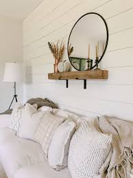 reclaimed beam shelf above couch