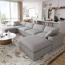 Magic Home 161 In Flared Arm 1 Piece Linen U Shaped Sectional Sofa In Light Gray