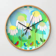 Whimsical Daisies And Birds Wall Clock