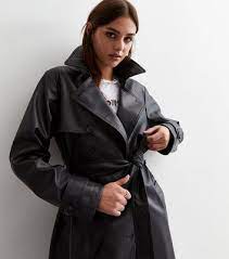 Black Leather Look Belted Trench Coat