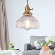Industrial Style Brass Hanging Lamp 1 Light Cord Pendant With Clear Ribbed Glass Shade Takeluckhome Com