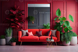 apartment living room with red sofa