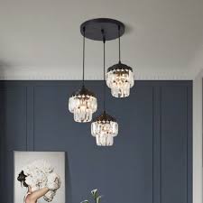 Dual Layered Multi Pendant Light Fixture Modern Crystal Block 3 Lights Black Suspension Lamp With Linear Round Canopy Onlywonderful Com