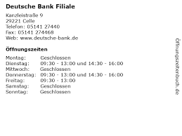Finde hier alle deutsche bank celle filialen und deren standorte und öffnungszeiten. á… Offnungszeiten Deutsche Bank Filiale Kanzleistrasse 9 In Celle