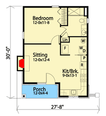 tiny house plan with l shaped kitchen