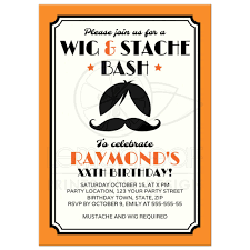 Retro Wig And Mustache Bash Birthday Party Invitation Orange Black