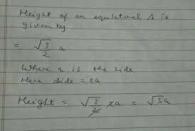 find the height of an equilateral triangle having side 2a - Brainly.in