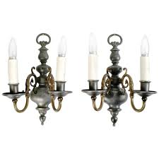 Pair Of Dutch Brass And Pewter Double Light Wall Sconces For Sale At 1stdibs