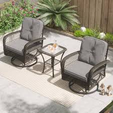 Corvus Livorno Brown 3 Piece Steel Wicker Patio Swivel Chair Set With Dark Gray Cushions