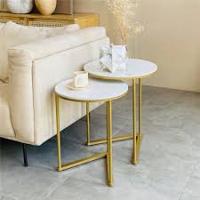 Round Real Marble Gold Nesting Side End