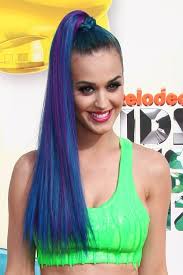 From her first demure dark bob and bangs to her 'california gurls' blue wig, see the many hues of her tresses. Katy Perry Straight Blue High Ponytail Ponytail Uneven Color Hairstyle Steal Her Style