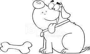 An overfed fat cartoon dog next to an empty food bowl. Black And White Happy Fat Dog With Bone Stock Vectors And Illustrations