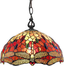 Amazon Com Amora Lighting Tiffany Style Hanging Pendant Lamp 14 Wide Stained Glass Red Dragonfly Jewels Antique Vintage Light Decor Restaurant Game Living Dining Room Kitchen Gift Am1034hl14b Multicolored Home Improvement