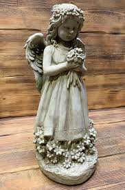 Winged Angel Cherub With Flowers Statue