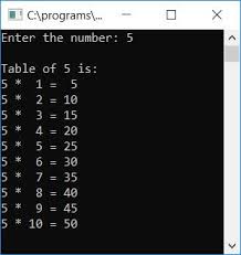 c program to print the table of a number
