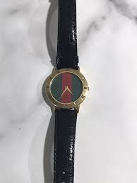 Men’s Vintage Gucci Black Leather Strap Goldtone Watch Iconic Red/Green