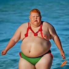 Fat obese bavarian boy red bearded in swimwear with red harness in sun on  Craiyon