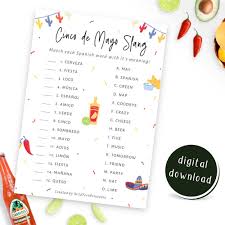 Cinco de mayo is often celebrated in the united states with mexican food and drinks, music, dancing and more. Cinco De Mayo Slang Printable Game Fun Spanish Trivia Word Etsy