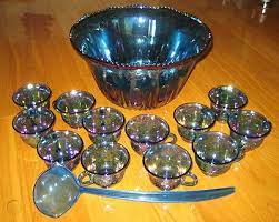 vintage blue carnival glass punch bowl
