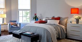 Guest bedroom with bold blue walls & light bedding. Gray Bedroom Walls Ideas And Inspirational Paint Colors Behr