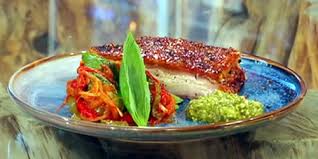 slow roasted pork belly with piperade