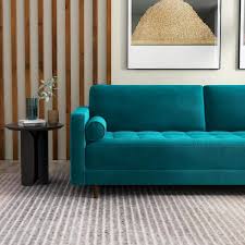 Nora 88 In W Square Arm Mid Century Modern Comfy Velvet Sofa In Teal Green Seats 3