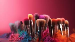 colorful makeup brushes on pink powder