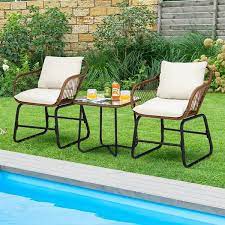 Tangkula 3 Pieces Outdoor Furniture Set Patio Bistro Set W 2 Armchairs Tempered Glass Table White