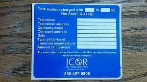 Hot Shot R414b Icor Refrigerant Label Blue White 3 1