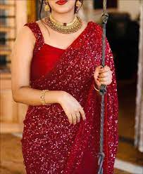 re red colored sequence work saree