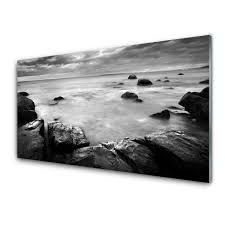 Glass Wall Art Rock Sea Landscape Grey
