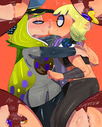 tayuri, inkling girl, inkling player character, nintendo, splatoon  (series), absurdres, highres, 2girls, blush, english text, french kiss,  hand on another's head, hat, hug, inkling, kiss, long hair, looking at  viewer, multiple girls,