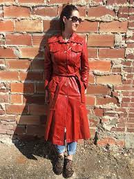 Vintage Red Leather Trench Coat Long