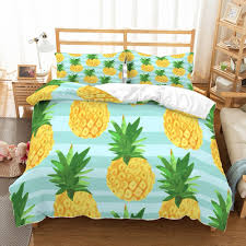 Us 5 09 49 Off Kids Tropical Fruits Bedding 3d Yellow Green Pineapples Bedspread Green Light Blue Stripes Summer 3 Pieces Home Duvet Cover Set In