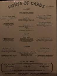 Must have receipt of purchase at house of cards for validation. Online Menu Of House Of Cards Restaurant Nashville Tennessee 37201 Zmenu