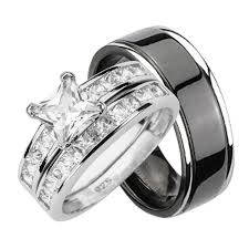 Anotheroption would be to incorporate the rose gold from the brides rings as a stripe in the black his and herwedding ring set.there are many places where you can purchase a wedding ring set. His And Her Wedding Set Hers Sterling Silver His Black Titanium Laraso Co