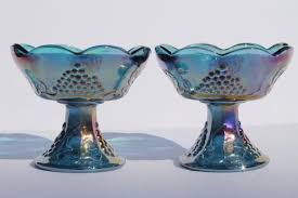 Blue Carnival Glass Candle Holders Set