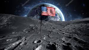 american flag on moon 3d rendering