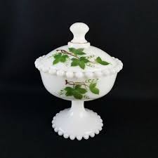 Vintage Milk Glass Pedestal Green Ivy