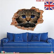 Blue Cat Eye Hole 3d View Wall Sticker