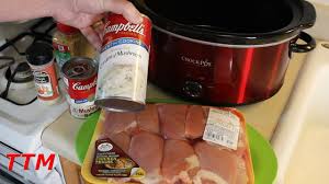 Add the chicken to the slow cooker, overlapping only as much as necessary. Easy Chicken Crock Pot Slow Cooker Recipe Chicken Thighs In Cream Of Mushroom Soup Youtube