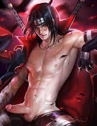 sakimichan, uchiha itachi, naruto, naruto (series), highres, 1boy, abs,  armpits, bandages, black gloves, black hair, blood, blood on face, cowboy  shot, elbow gloves, erection, floating hair, forehead protector, gloves,  holding, holding weapon,