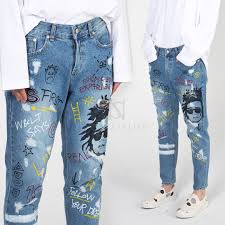 Funky Scribble Printed Denim Jeans 432 In 2020 Printed