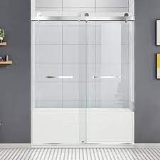 Angeles Home 56 In 60 In W X 76 In H Trackless Double Sliding Frameless Shower Door Brushed With Clean Tempered Glass