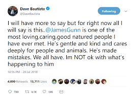 Twitter is a rich source of instantly updated information. Dave Bautista Defends James Gunn After Firing From Guardians Of The Galaxy 3 Ign