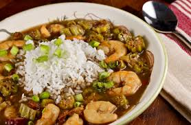 shrimp and okra gumbo is dark and rich